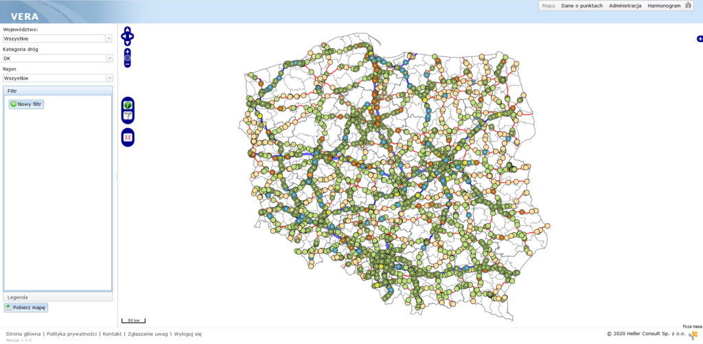 Mapa z zaznaczonymi punktami pomiarowymi w aplikacji VERA